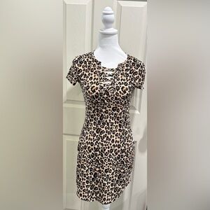 No Boundaries Leopard Lace-Up Short Sleeve Dress